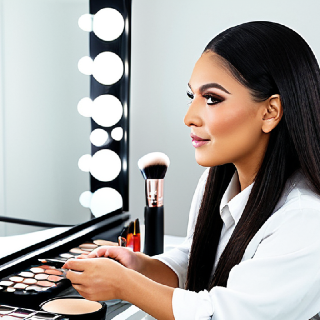 Makeup Artist at Work**

"A professional makeup artist applying makeup to a client in a well-lit studio, fully clothed, appropriate attire, safe for work, perfect anatomy, natural proportions, professional photography, high quality, focus on the artistry and skill, using professional makeup brushes and products, clean and organized workspace, friendly and collaborative atmosphere, showcasing the application of highlighting and contouring techniques, modest and elegant setting."

**