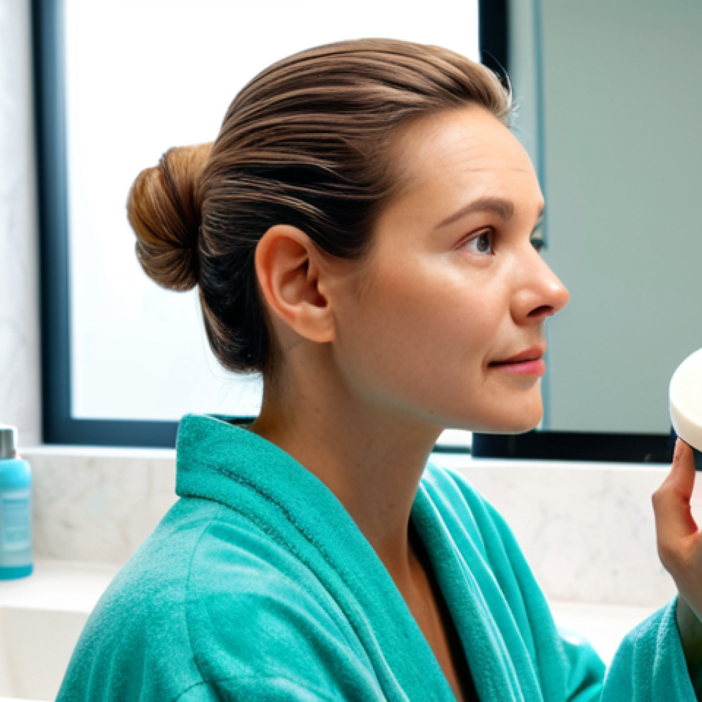 Skincare Routine - Dry Skin**

"A woman with fair skin gently applying a rich, hydrating cream to her face in a brightly lit bathroom. She is wearing a soft, pastel-colored robe and her hair is pulled back. Focus on demonstrating a moisturizing skincare routine. Background includes a clean sink with various skincare bottles. safe for work, appropriate content, fully clothed, professional, modest, perfect anatomy, correct proportions, natural pose, well-formed hands, proper finger count, natural body proportions, high quality, natural lighting."

**