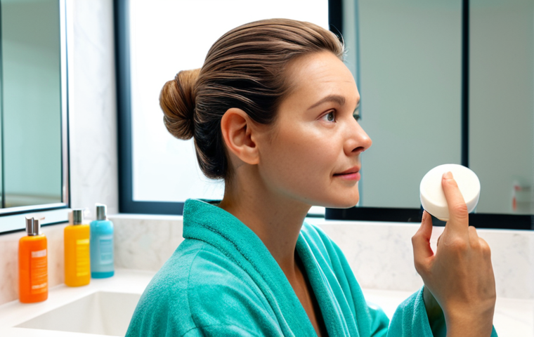 Skincare Routine - Dry Skin**

"A woman with fair skin gently applying a rich, hydrating cream to her face in a brightly lit bathroom. She is wearing a soft, pastel-colored robe and her hair is pulled back. Focus on demonstrating a moisturizing skincare routine. Background includes a clean sink with various skincare bottles. safe for work, appropriate content, fully clothed, professional, modest, perfect anatomy, correct proportions, natural pose, well-formed hands, proper finger count, natural body proportions, high quality, natural lighting."

**