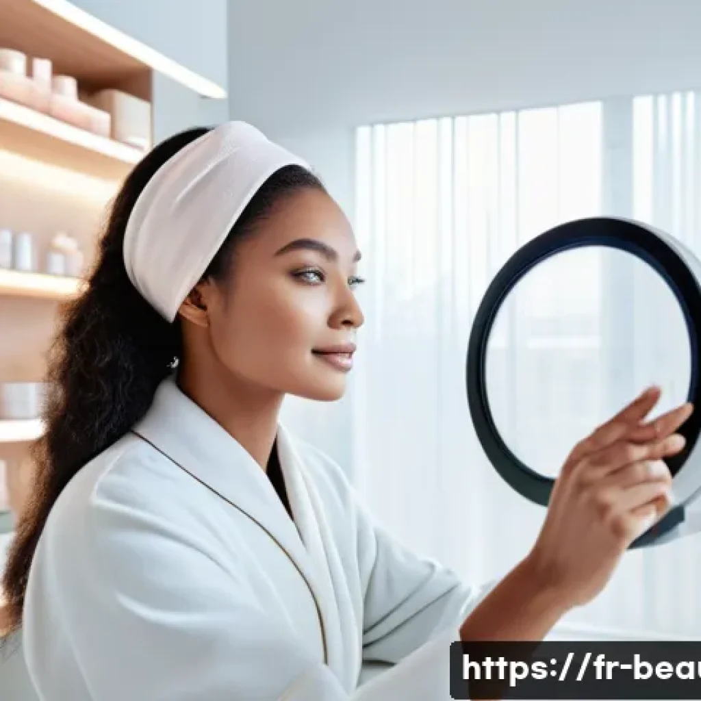 피부 관리사의 직무별 세부 역할 - A serene, modern skincare clinic interior with soft pastel tones and minimalist décor, featuring a p...