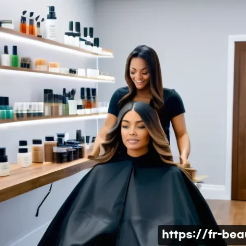 Home 30 미용사 재교육 필요성 및 최신 트렌드 - A modern hair salon scene featuring a skilled professional hairstylist applying advanced balayage an...