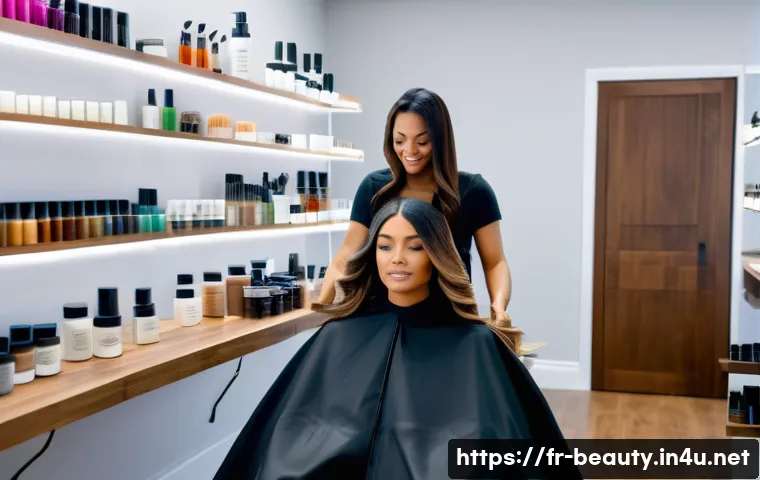 미용사 재교육 필요성 및 최신 트렌드 - A modern hair salon scene featuring a skilled professional hairstylist applying advanced balayage an...
