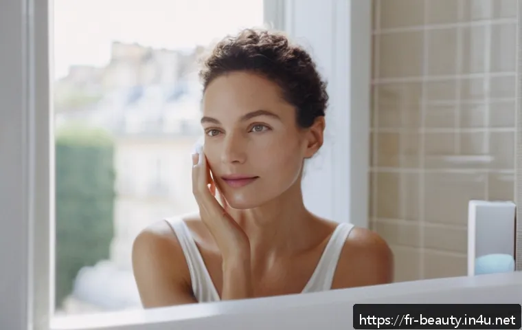 피부 미용 이론 정리 노트 - A serene French woman in her early 30s with glowing, healthy skin gently applying a lightweight mois...
